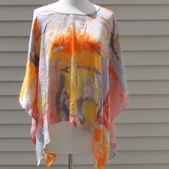 Chico's Silk Kimono Sunset Orange Abstract Print Size: S/M - Picture 4 of 8